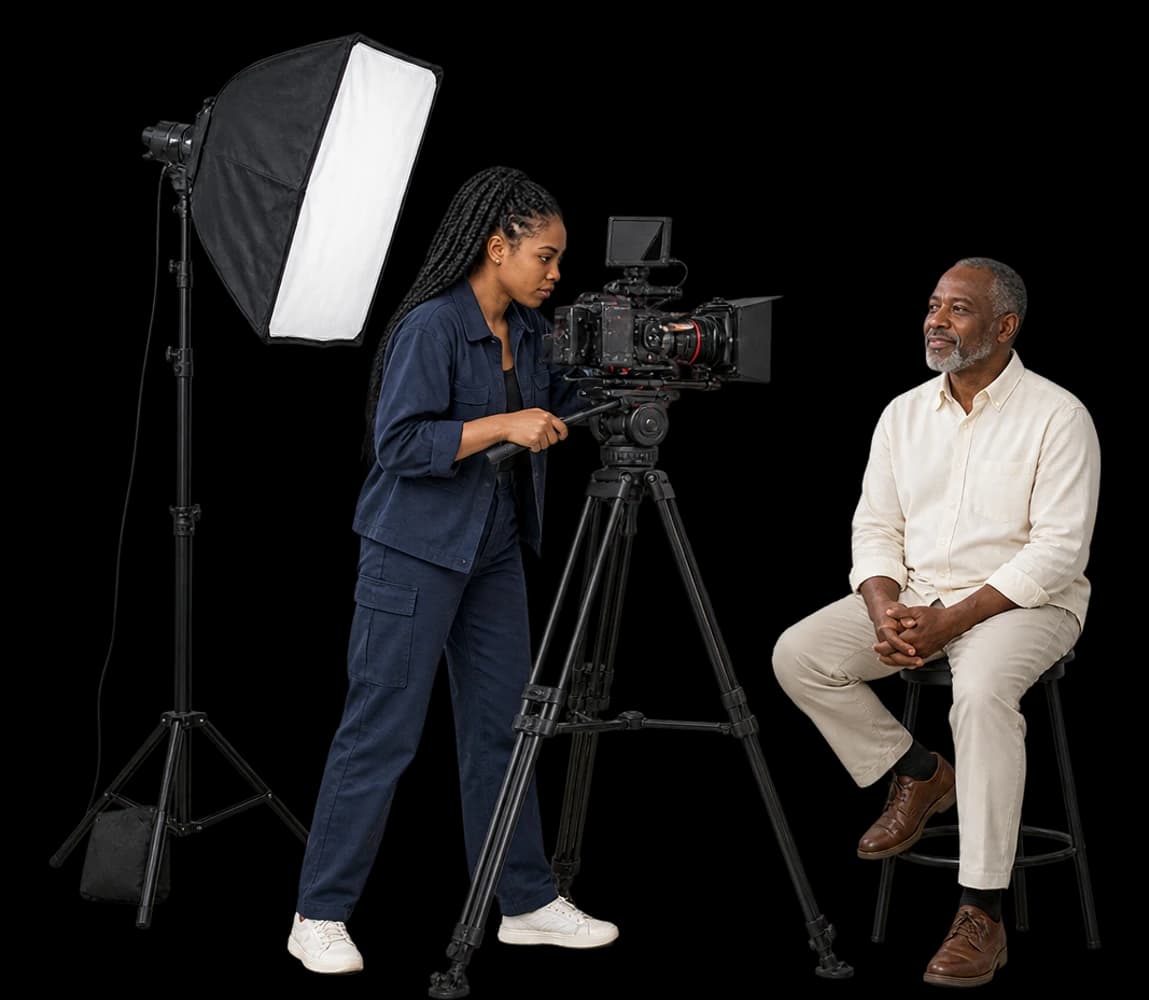 A video producer frames an interview behind a camera on a tripod.