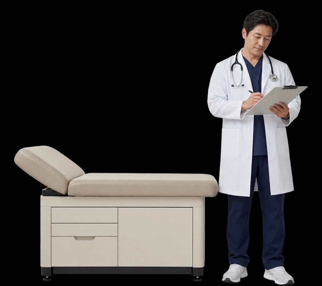 A physician writes on a clipboard beside an exam table.