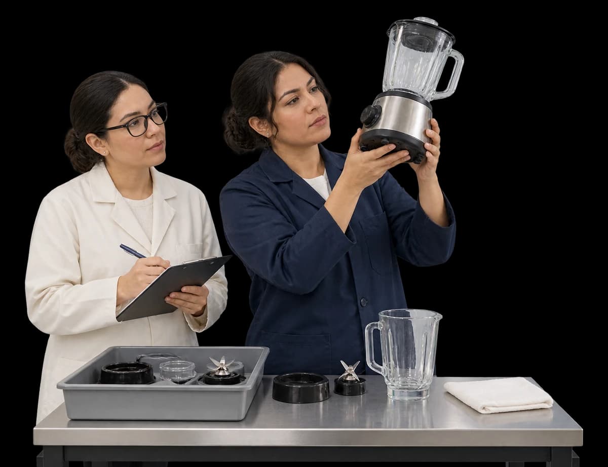 A quality engineer inspects the base of a blender at a test bench.