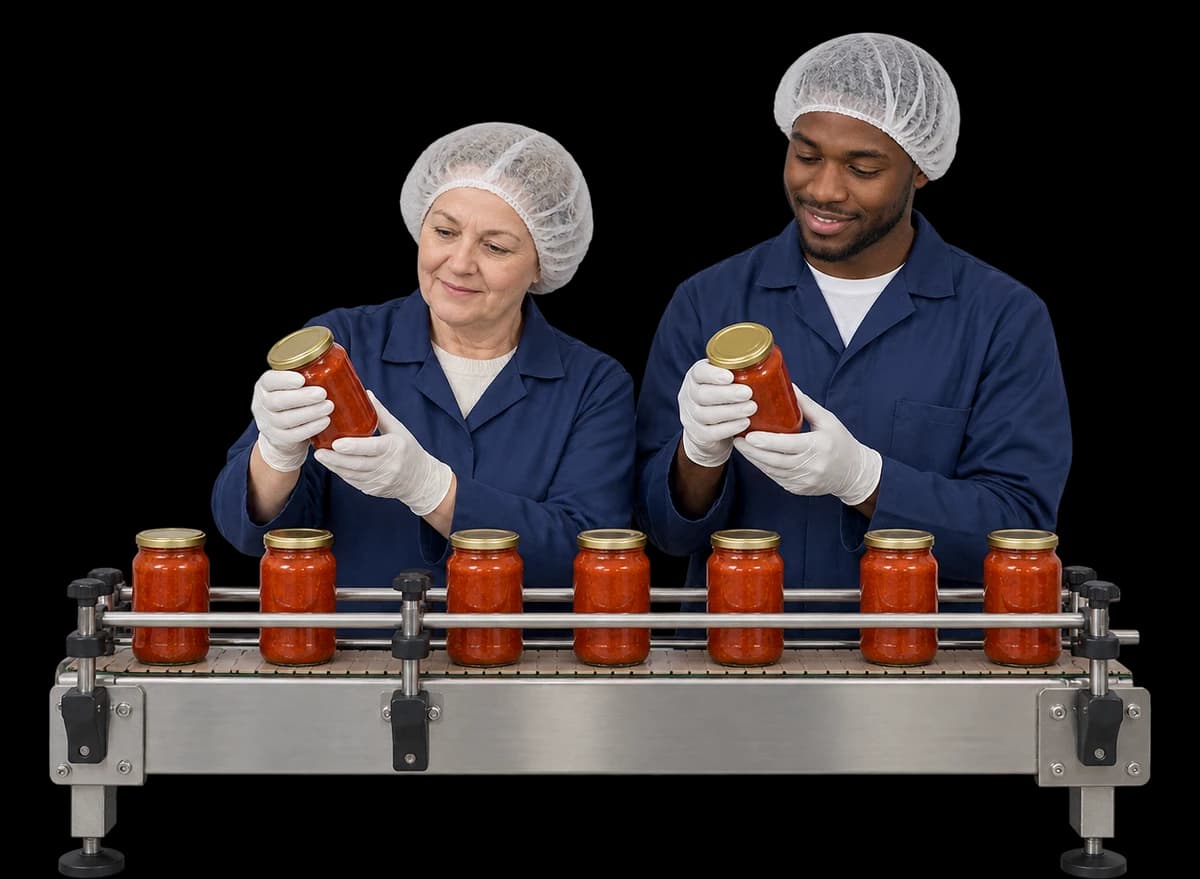 Two production workers inspect jar lids at a food packing line.