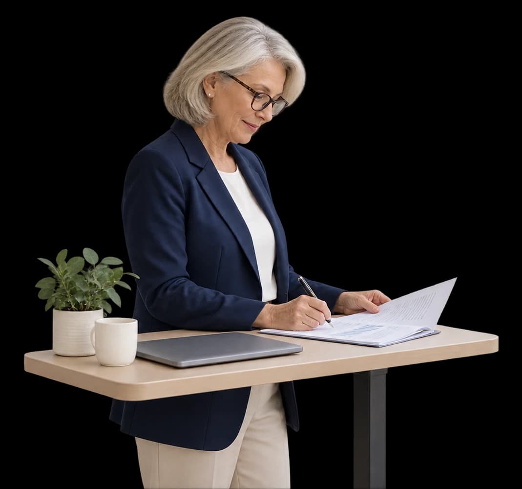 A consultant marks up a printed client report at a standing desk.