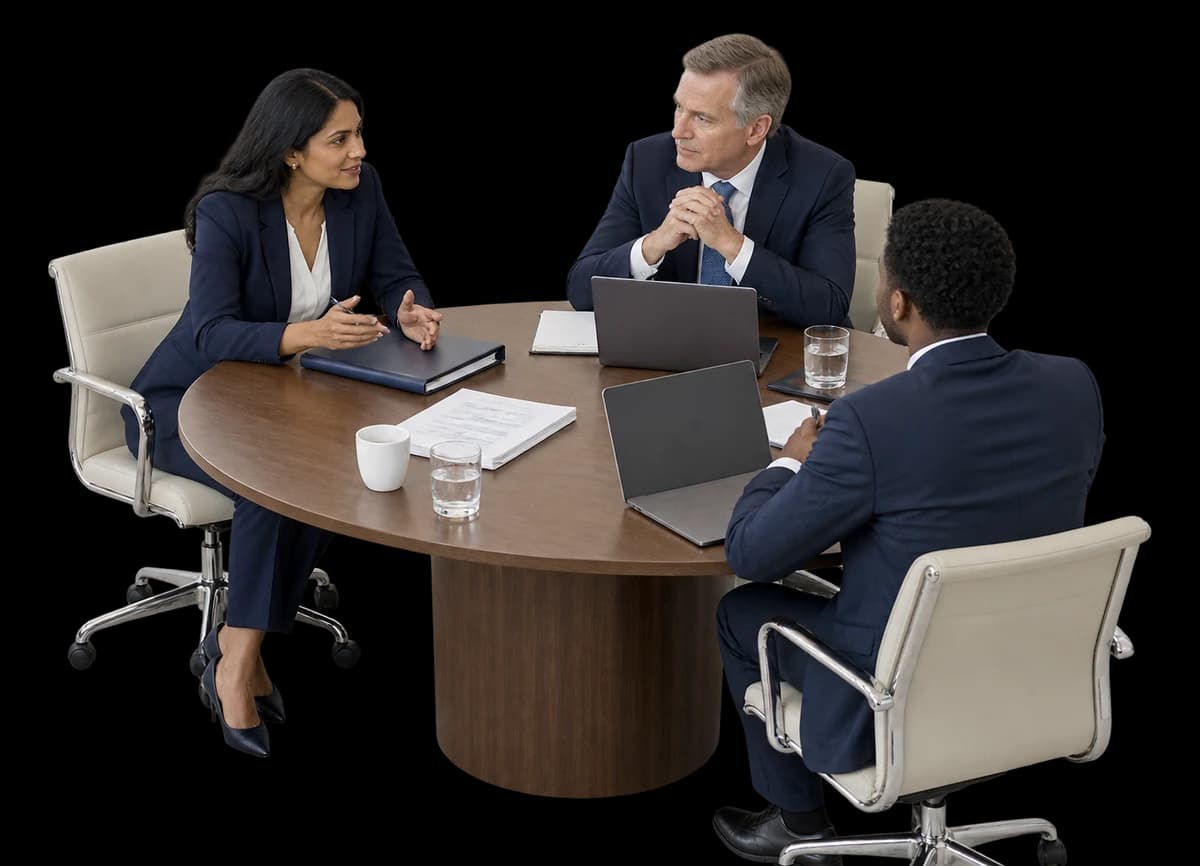 A buyer, a lawyer and an analyst review deal documents at a conference table.
