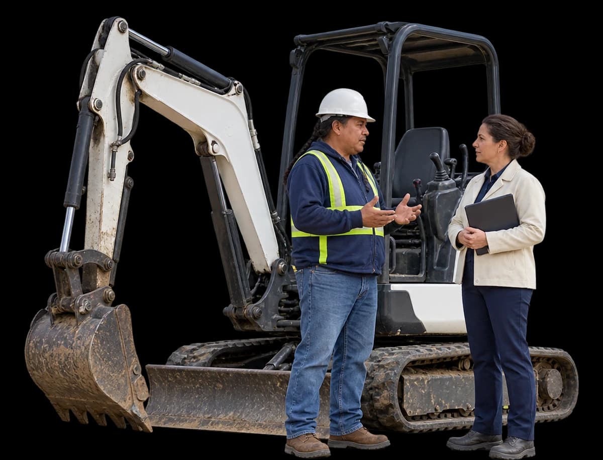 A road contractor talks with a city inspector beside an excavator on a public job.