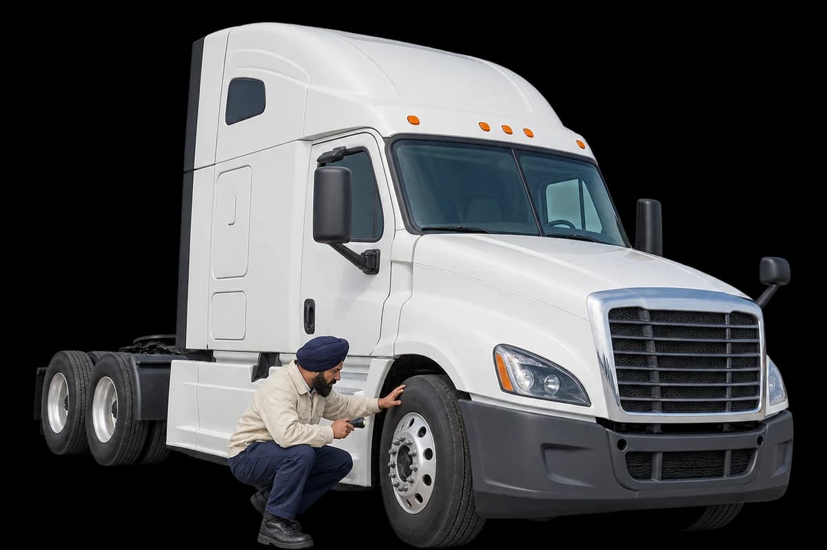 A truck driver checks a front tire on his tractor during a pre-trip walk-around.