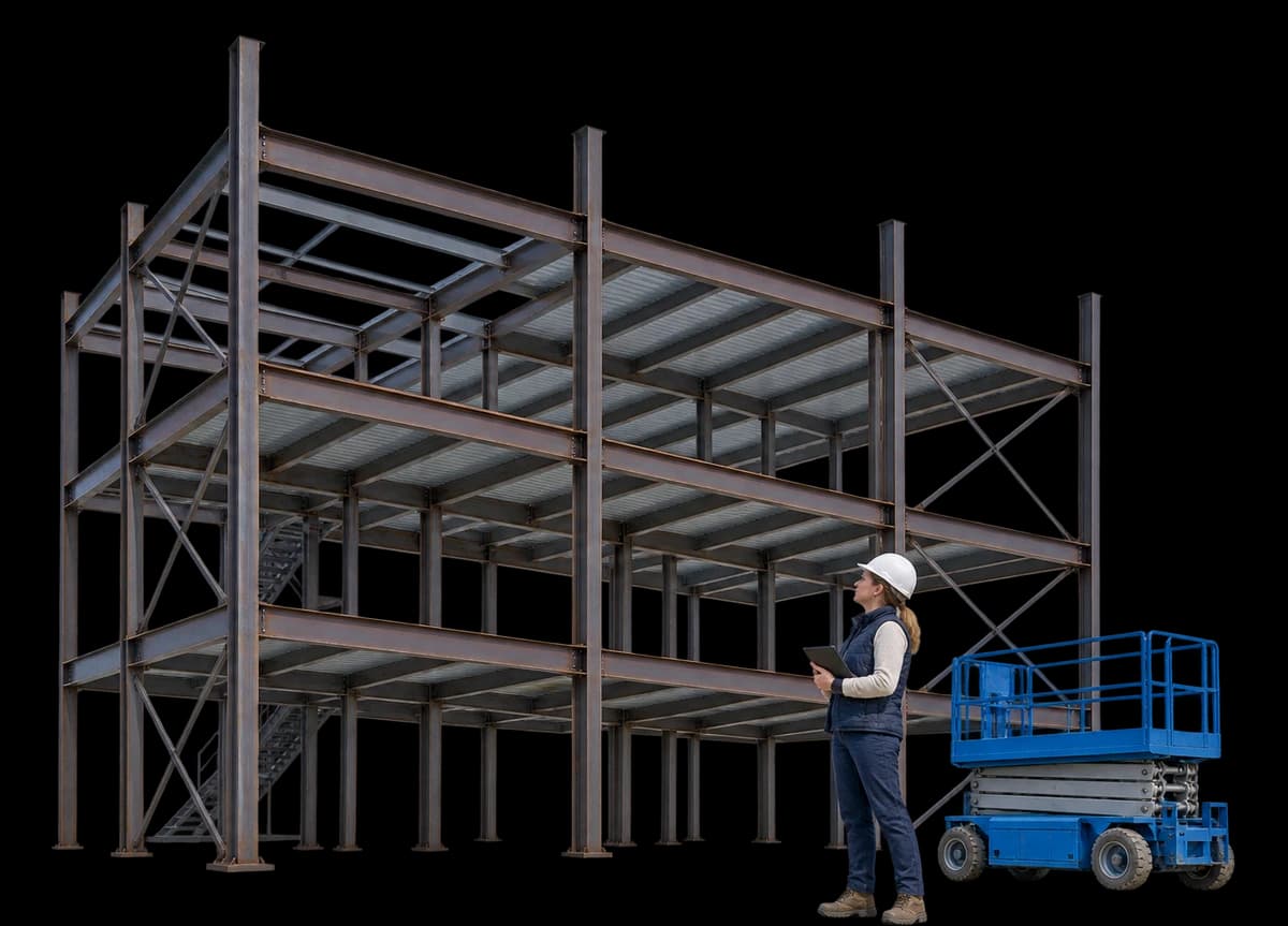 A project manager on a jobsite looks up at a steel building frame.