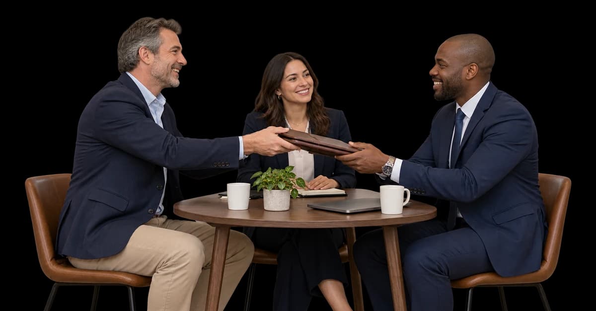 A business owner meets a new broker across a compact walnut table, passing an orderly document case while a colleague listens.
