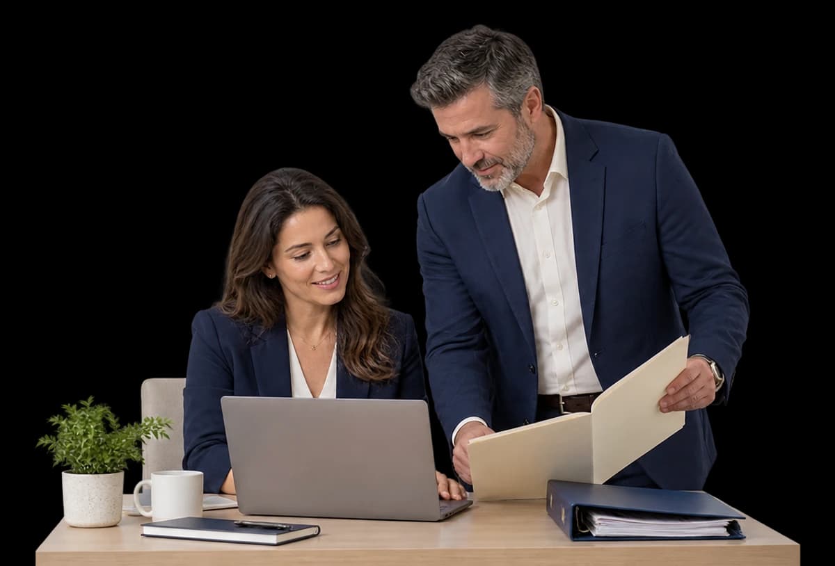 A business owner and adviser move a cream policy folder beside a navy binder while checking a laptop at a compact desk.