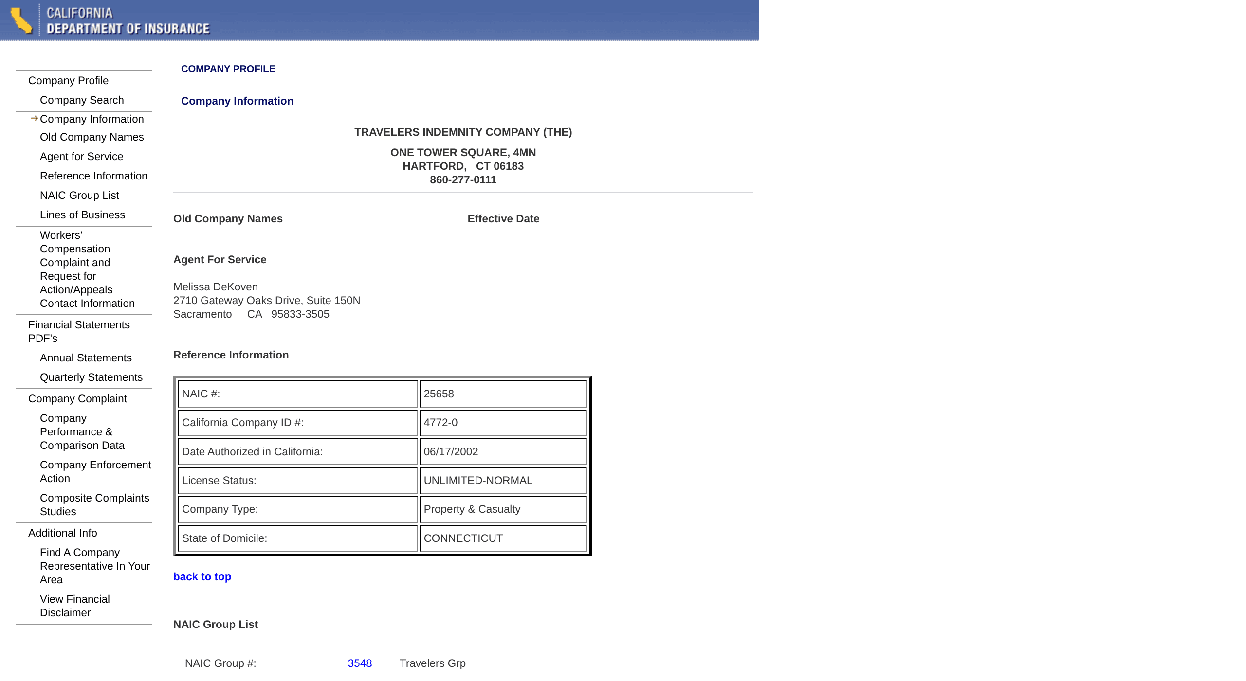California Department of Insurance company profile showing The Travelers Indemnity Company