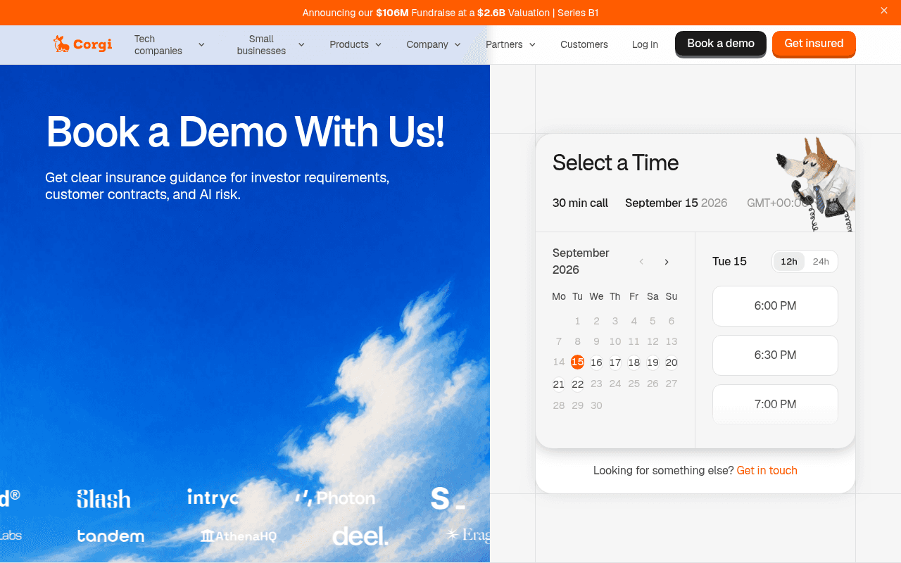 Corgi’s demo booking page with a calendar and available times for a 30-minute call.