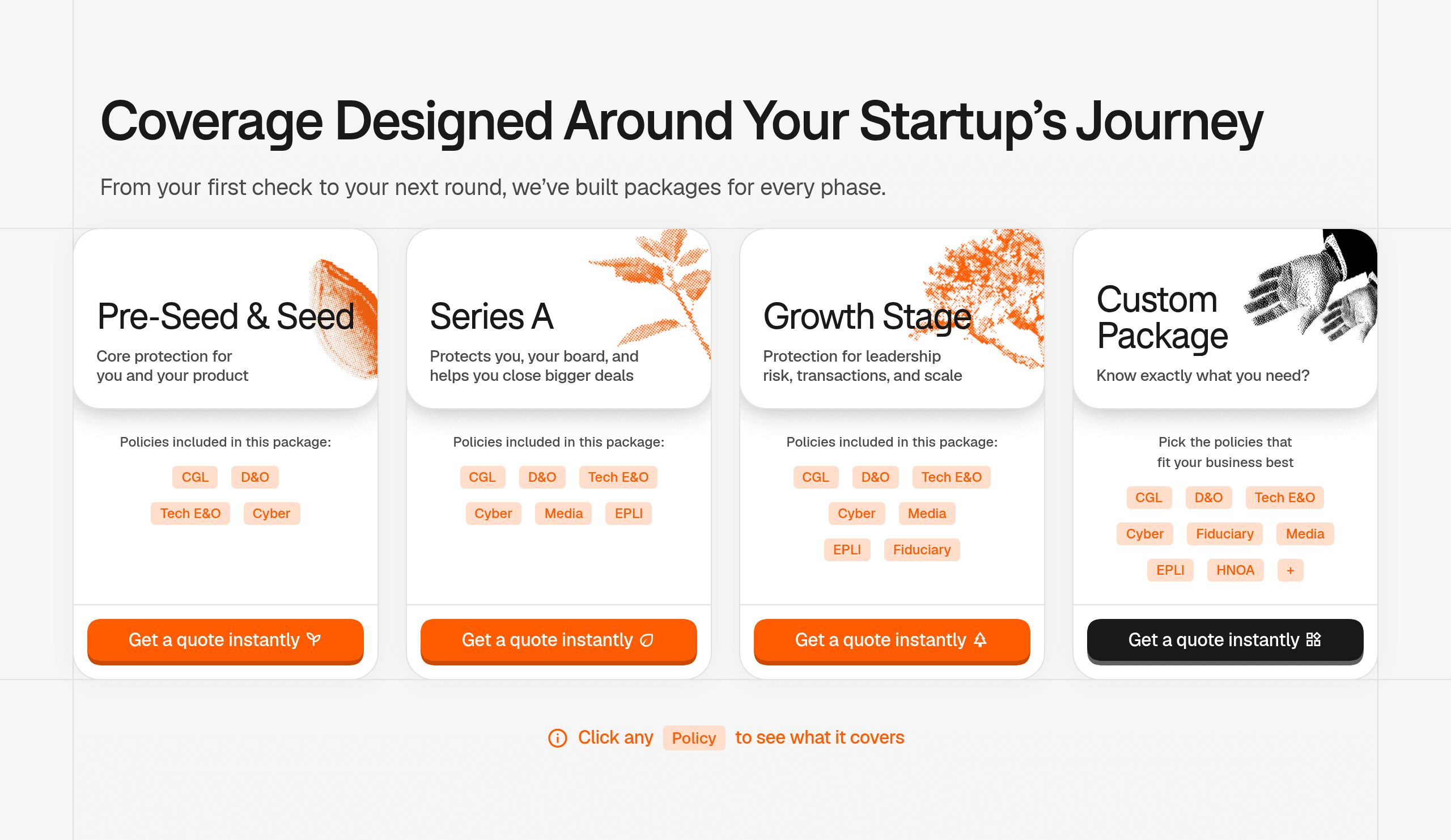 Corgi’s pre-seed and seed, Series A, growth-stage, and custom packages with their included coverage lines.
