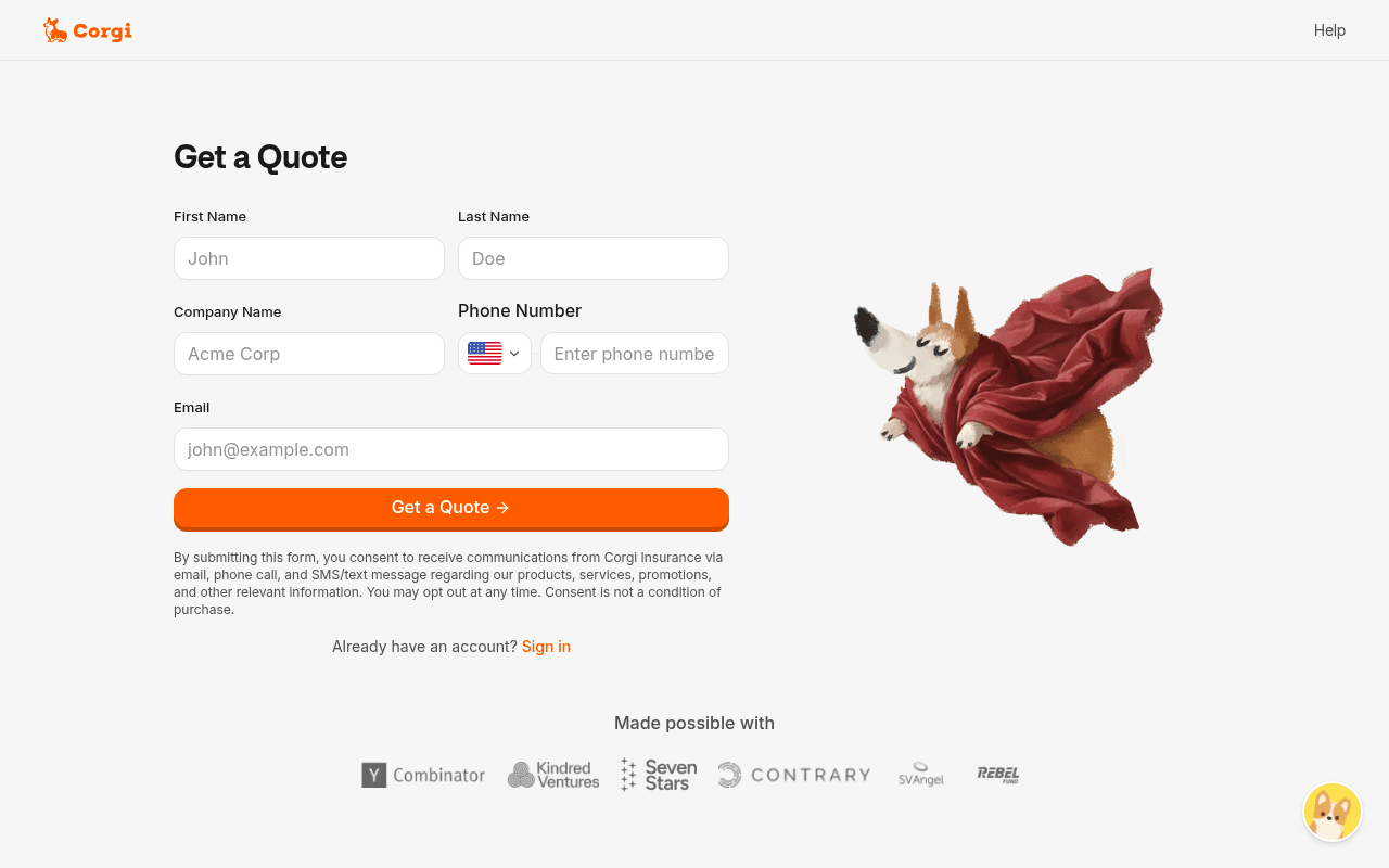 Corgi’s Get a Quote form asking for a name, company, phone number, and email address.