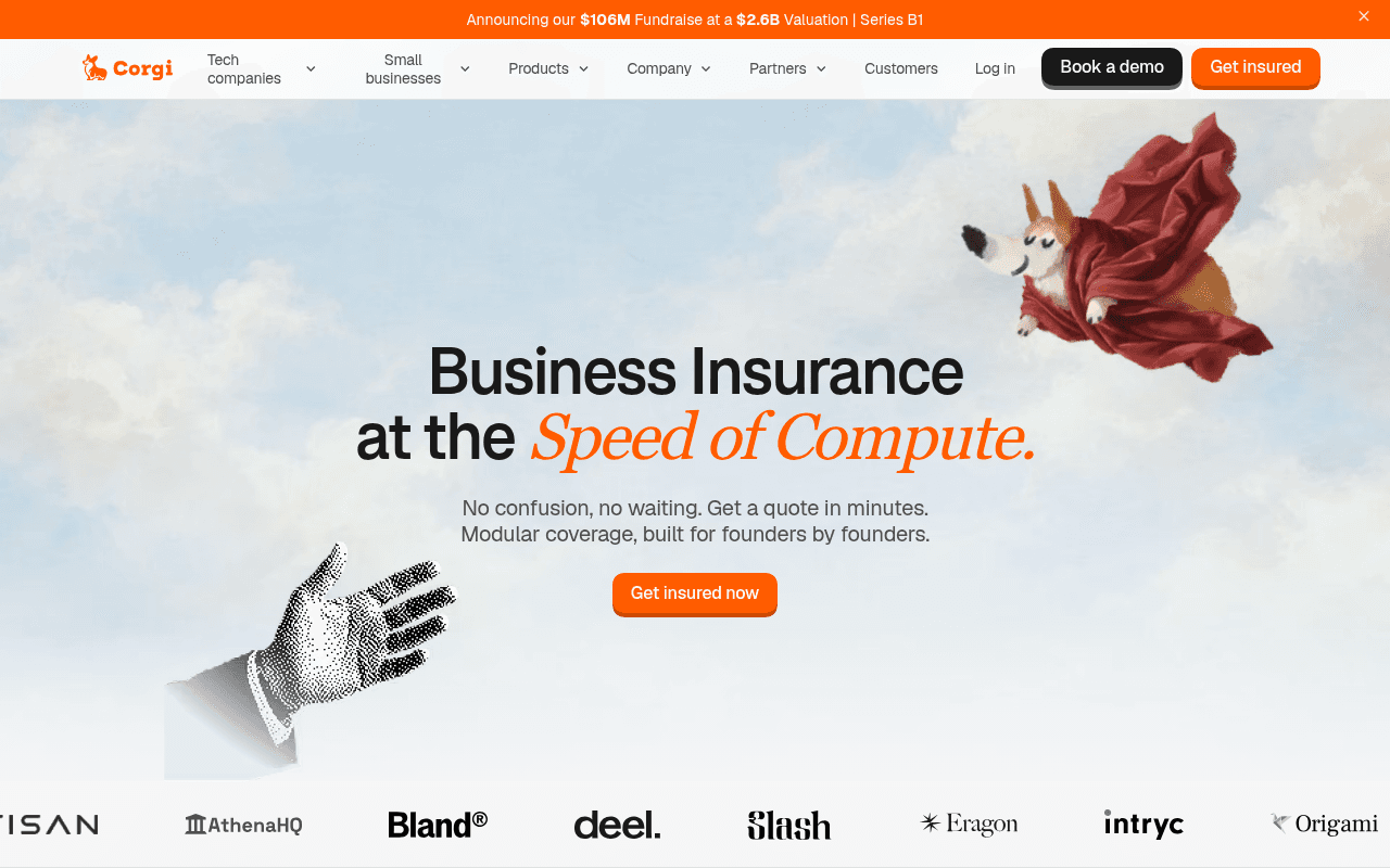 Corgi’s homepage with links to get insured online or book a demo.