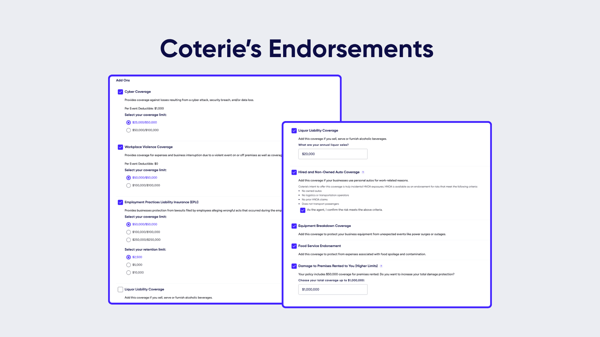 Coterie's official dashboard demonstration showing selectable cyber, workplace violence, employment practices, liquor liability, hired and non-owned auto, equipment breakdown, food service and rented-premises options.