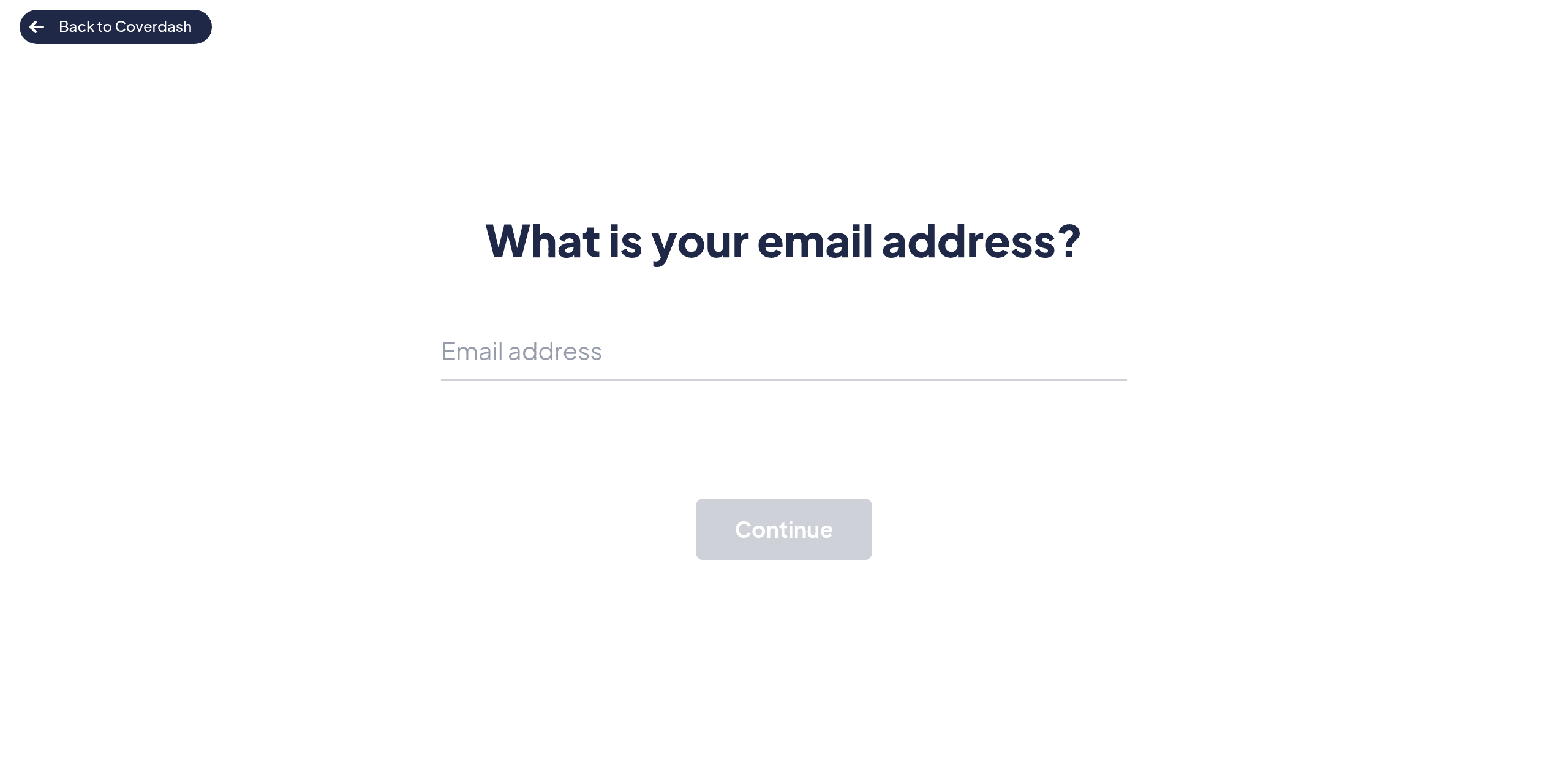 Coverdash’s live quote application asking for an email address, with an empty field and Continue button.
