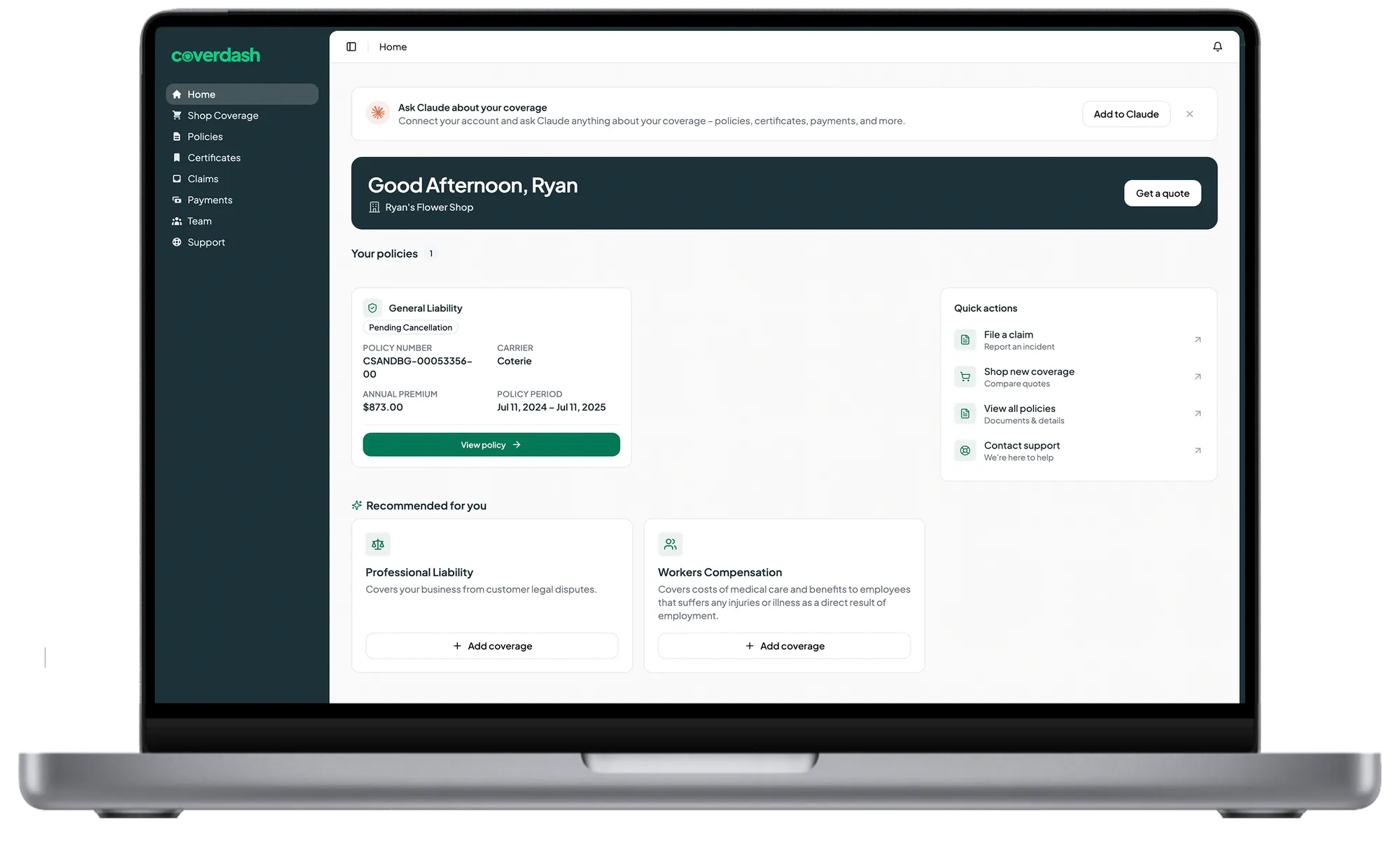 Coverdash’s official dashboard demonstration on a laptop, showing a sample policy, policy and certificate navigation, claims, payments and support.