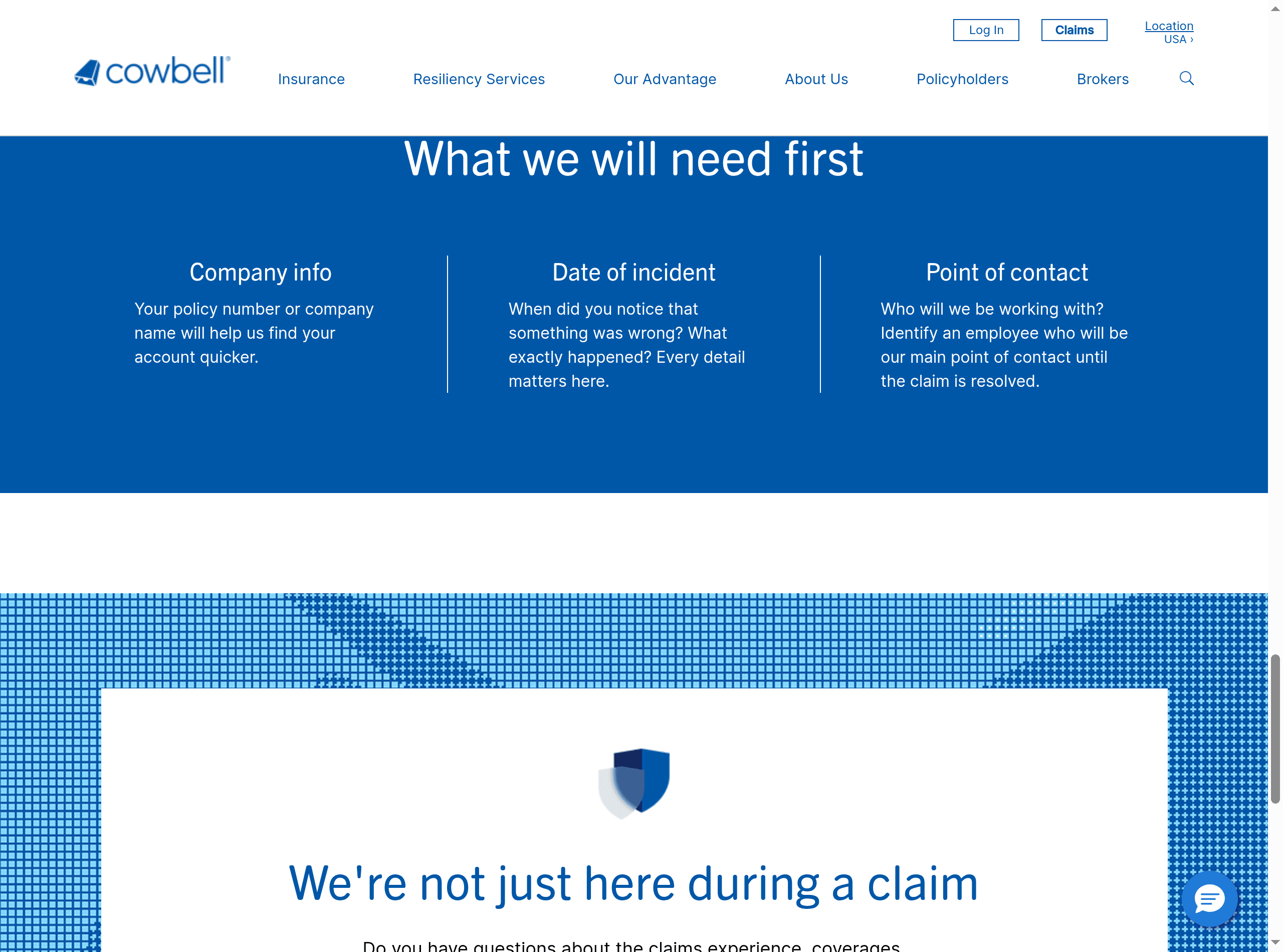 Cowbell’s public claims page listing the company information, incident date and point of contact requested at the start of a claim.