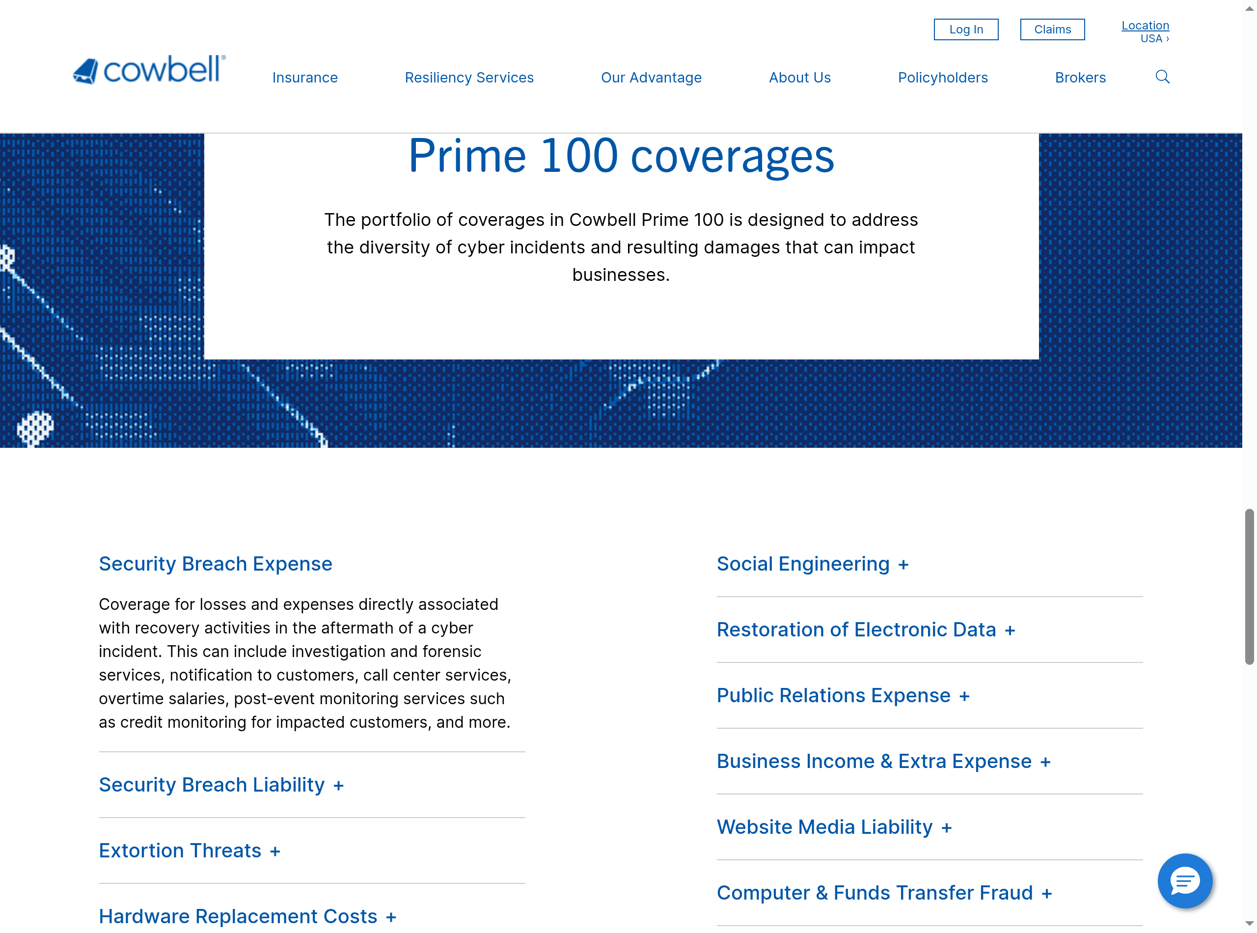 Cowbell’s public Prime 100 product page showing its coverage catalogue and several collapsed coverage descriptions.