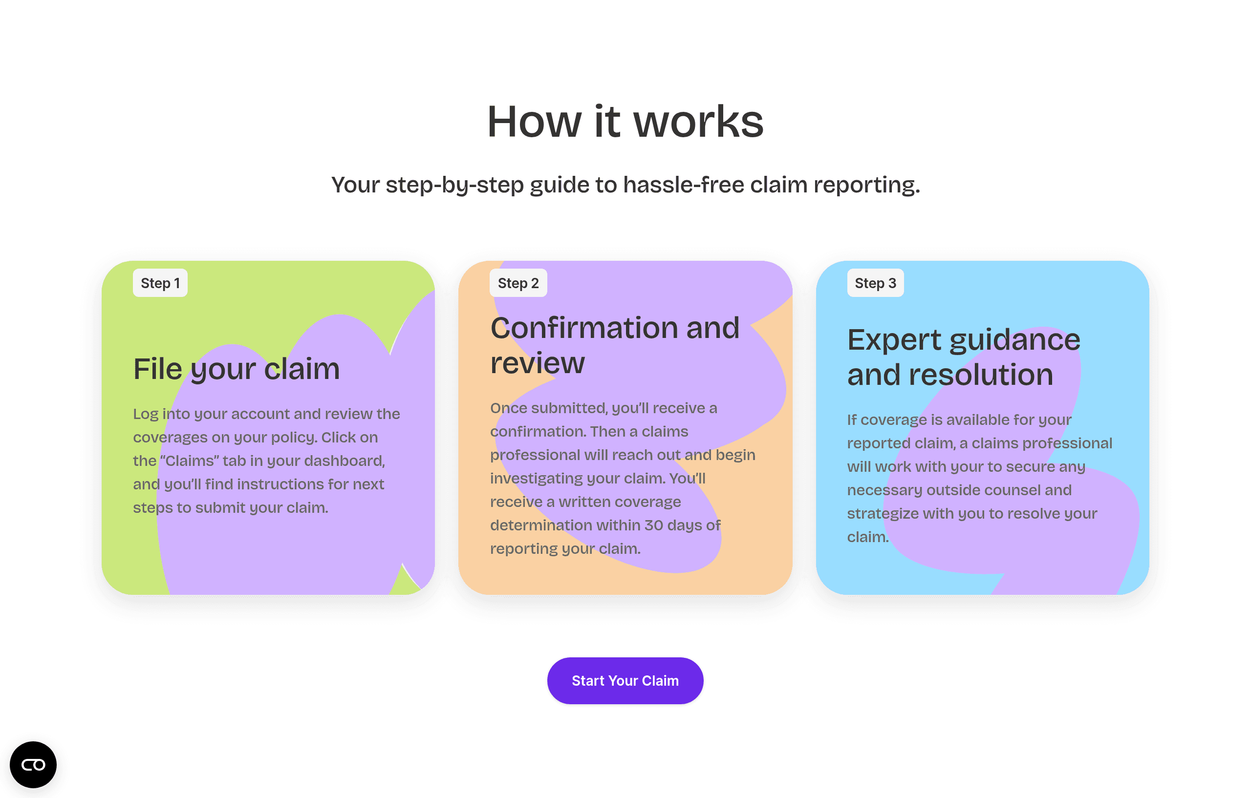Embroker’s claims service page showing the three steps: file a claim, receive confirmation and review, and obtain guidance toward resolution.
