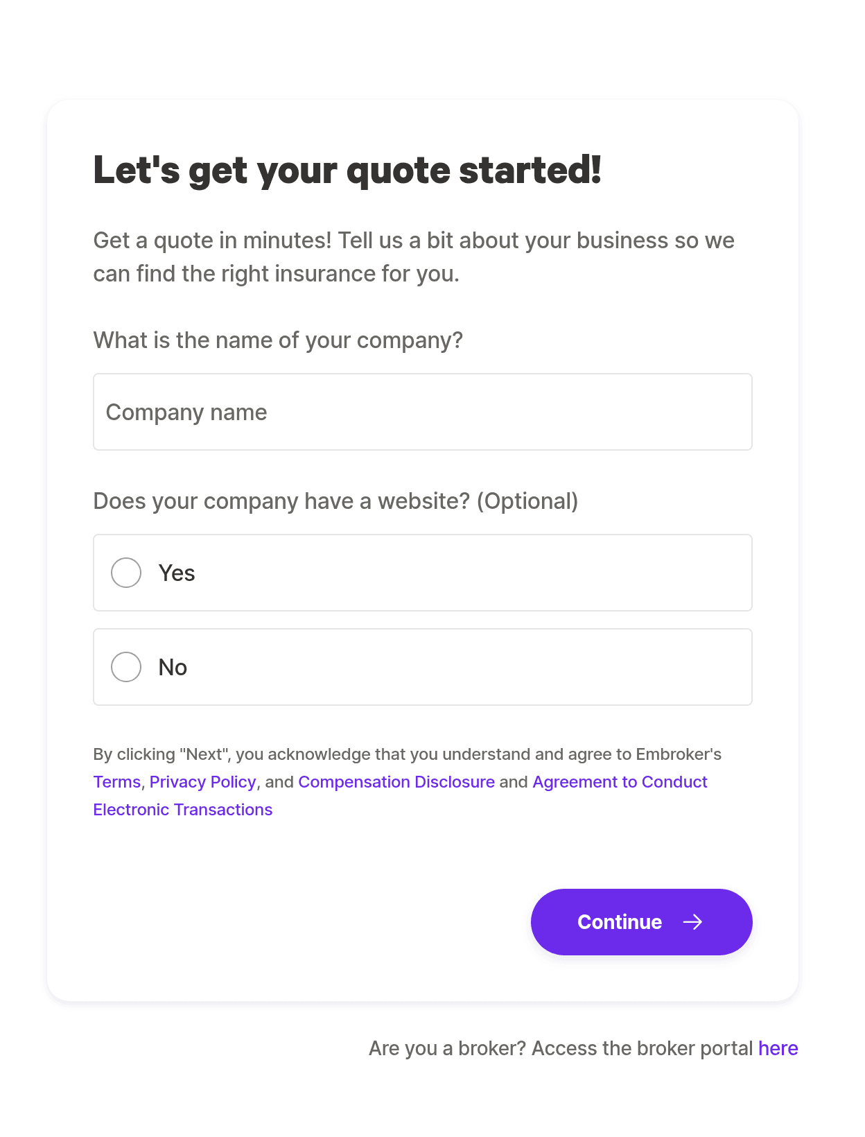 Embroker’s quote-start interface with an empty company-name field, optional website question, linked terms and a Continue button.