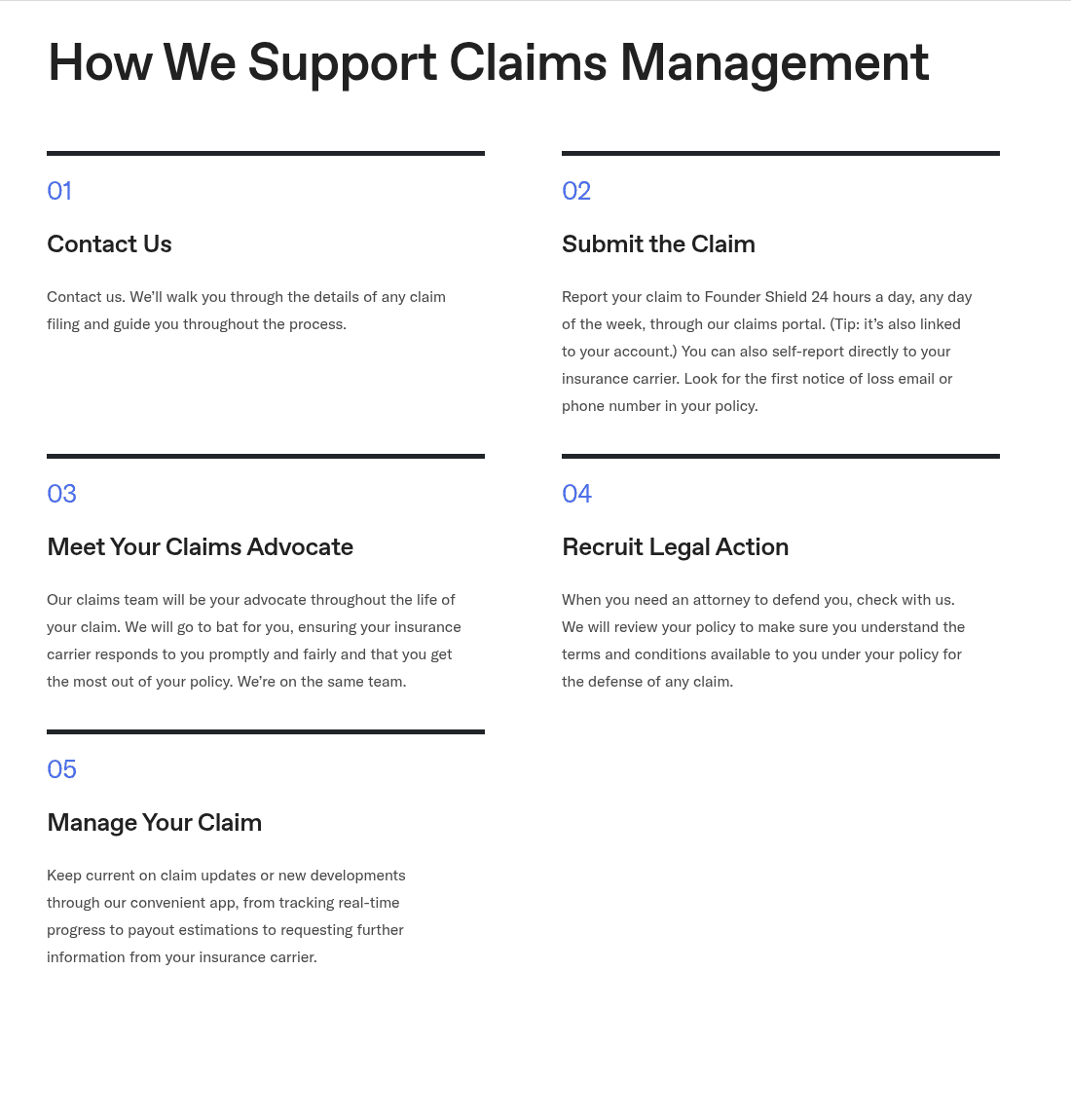 Founder Shield’s claims-management page explaining how to contact the team, report a claim and work with a claims advocate.