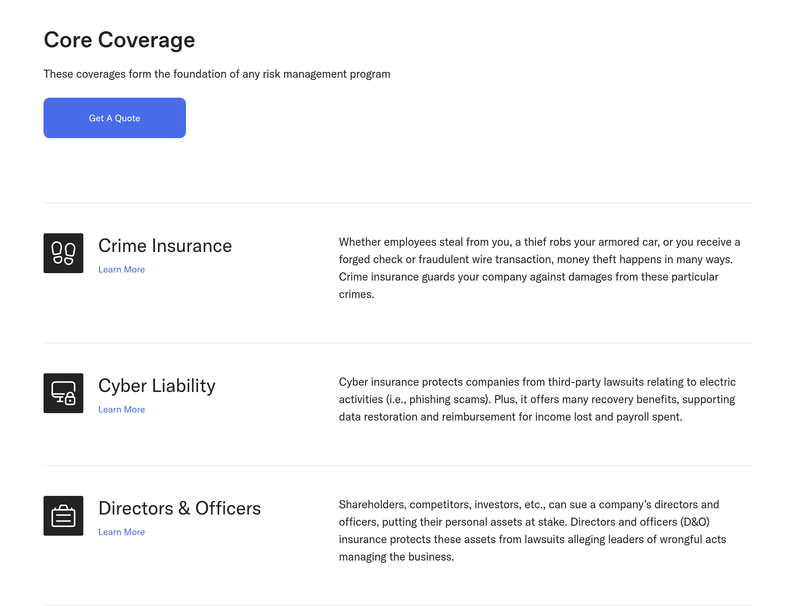 Founder Shield’s Core Coverage section showing complete Crime Insurance, Cyber Liability, and Directors & Officers entries.