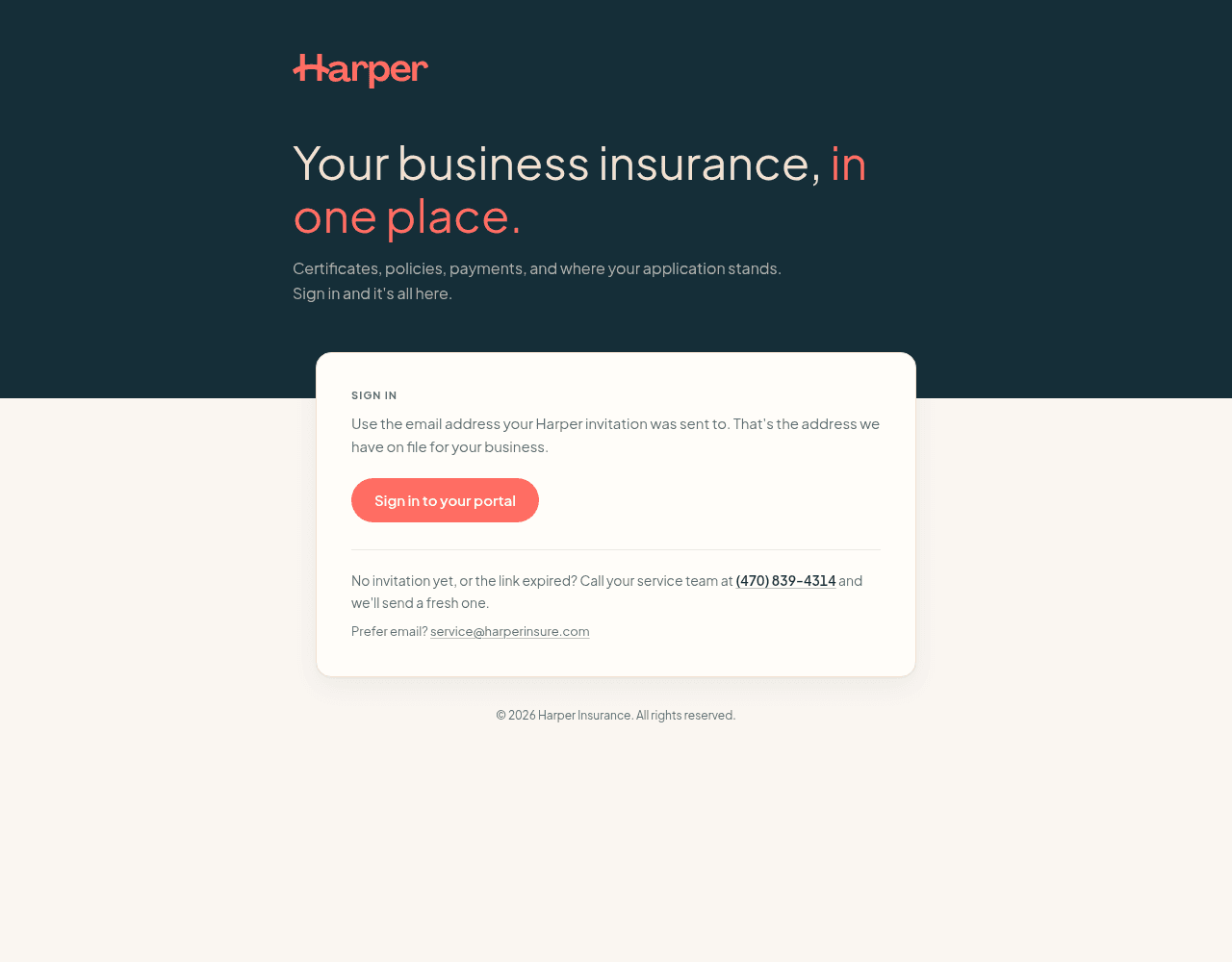 Harper’s public customer-portal entry page describes certificates, policies, payments and application tracking, and explains that sign-in requires an invitation email.