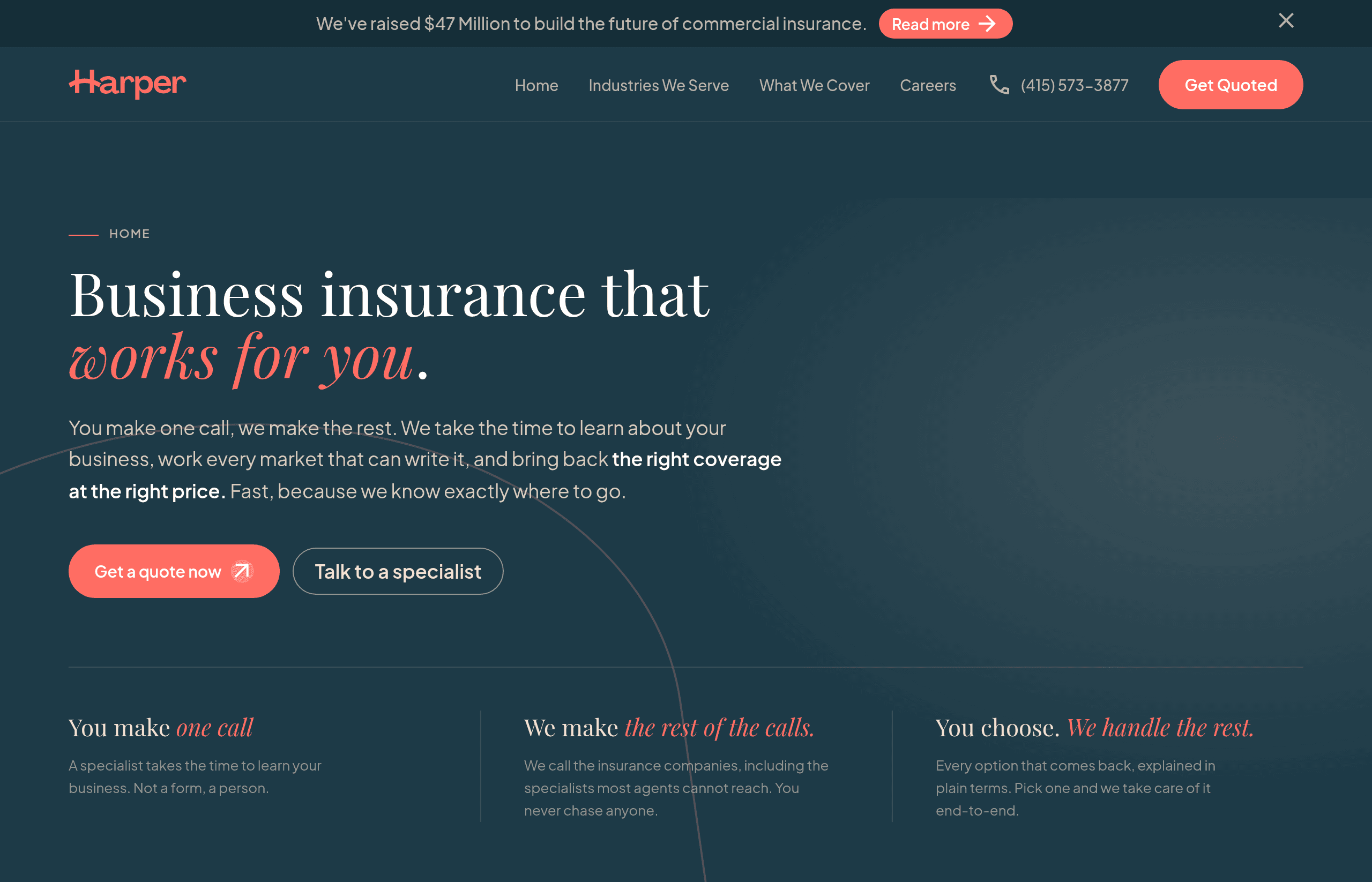 Harper’s homepage presents a specialist-led process: learn about the business, contact insurers and explain the available options.