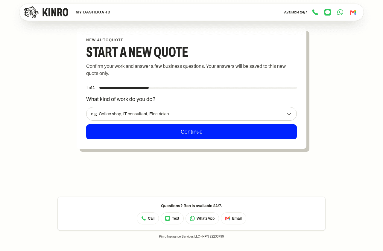 Kinro’s public Start a New Quote screen, showing the first of four steps and an empty business-activity selector.