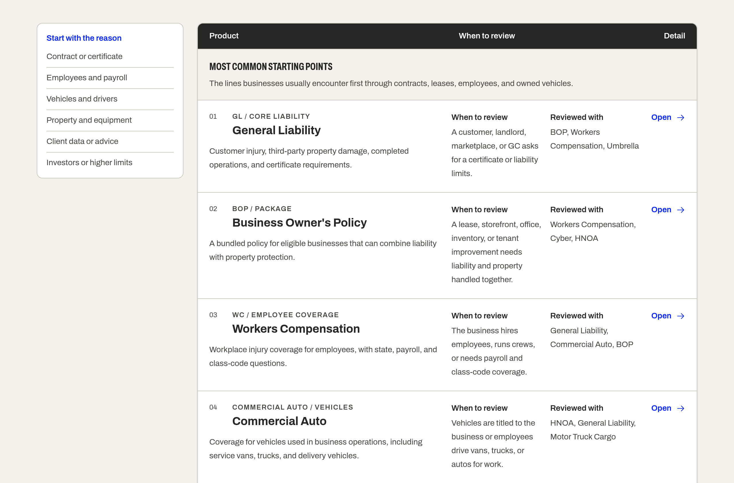 Kinro’s product directory showing general liability, business owner’s policy, workers’ compensation, and commercial auto, with reasons to review each and related coverage lines.