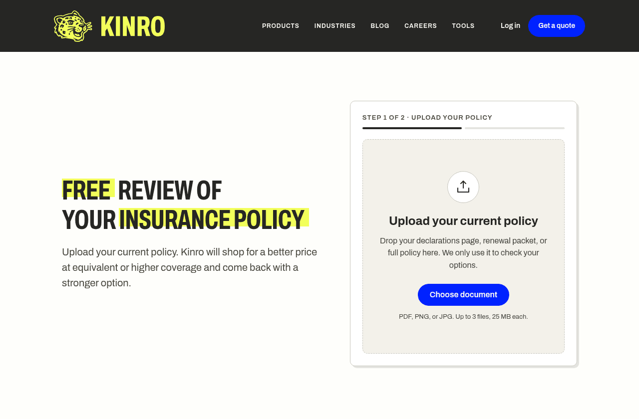 Kinro’s policy-review page with its free-review description and an empty upload panel for a declarations page, renewal packet, or full policy.