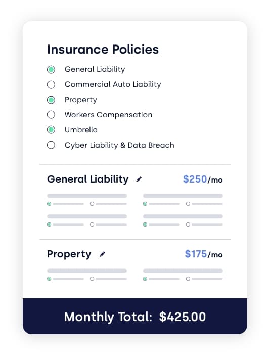 Layr’s official New Business Capture illustration showing example choices for general liability, commercial auto liability, property, workers’ compensation, umbrella and cyber coverage, plus sample monthly prices.