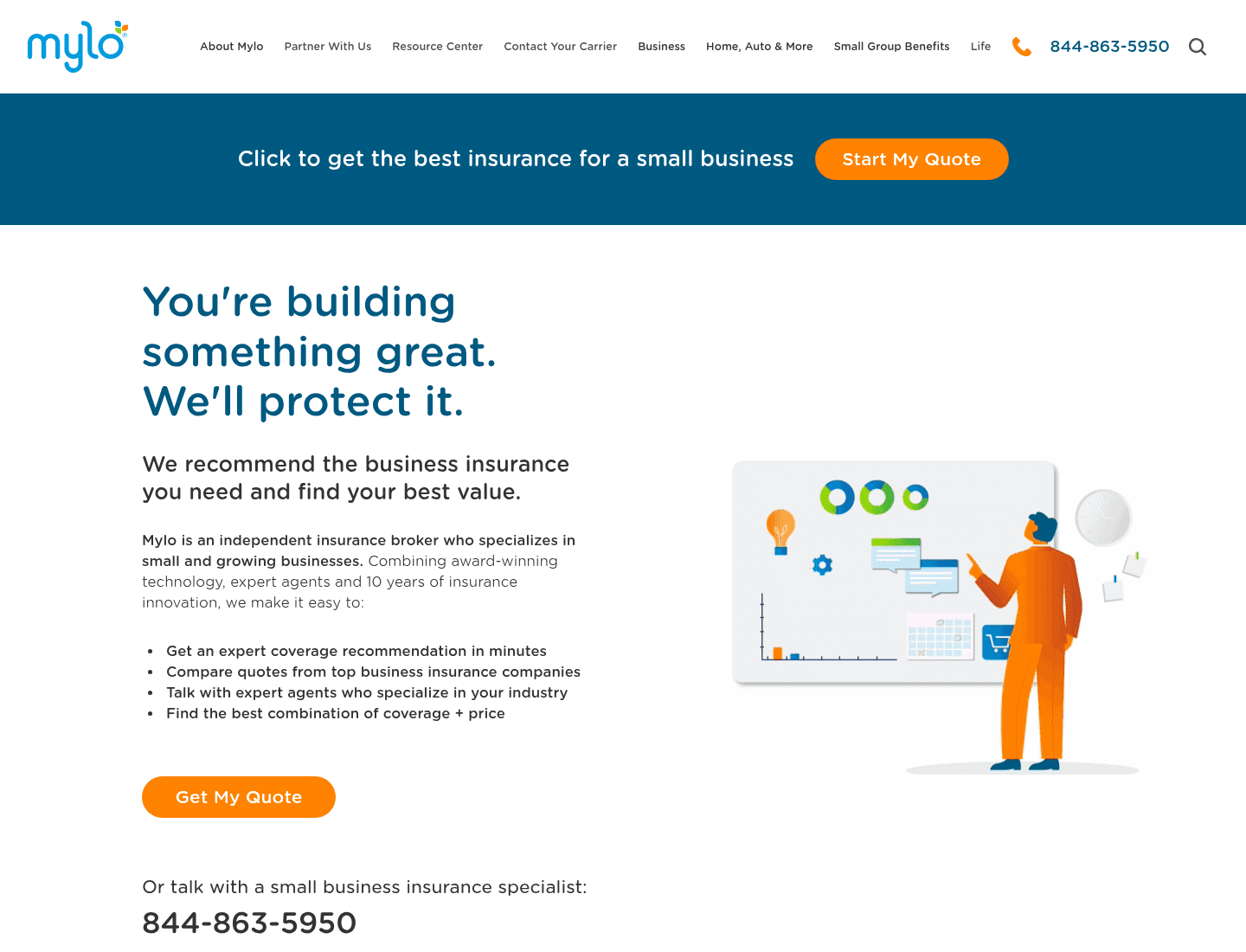 Mylo’s small-business insurance page identifying the company as an independent broker and offering an online quote or a conversation with a specialist.