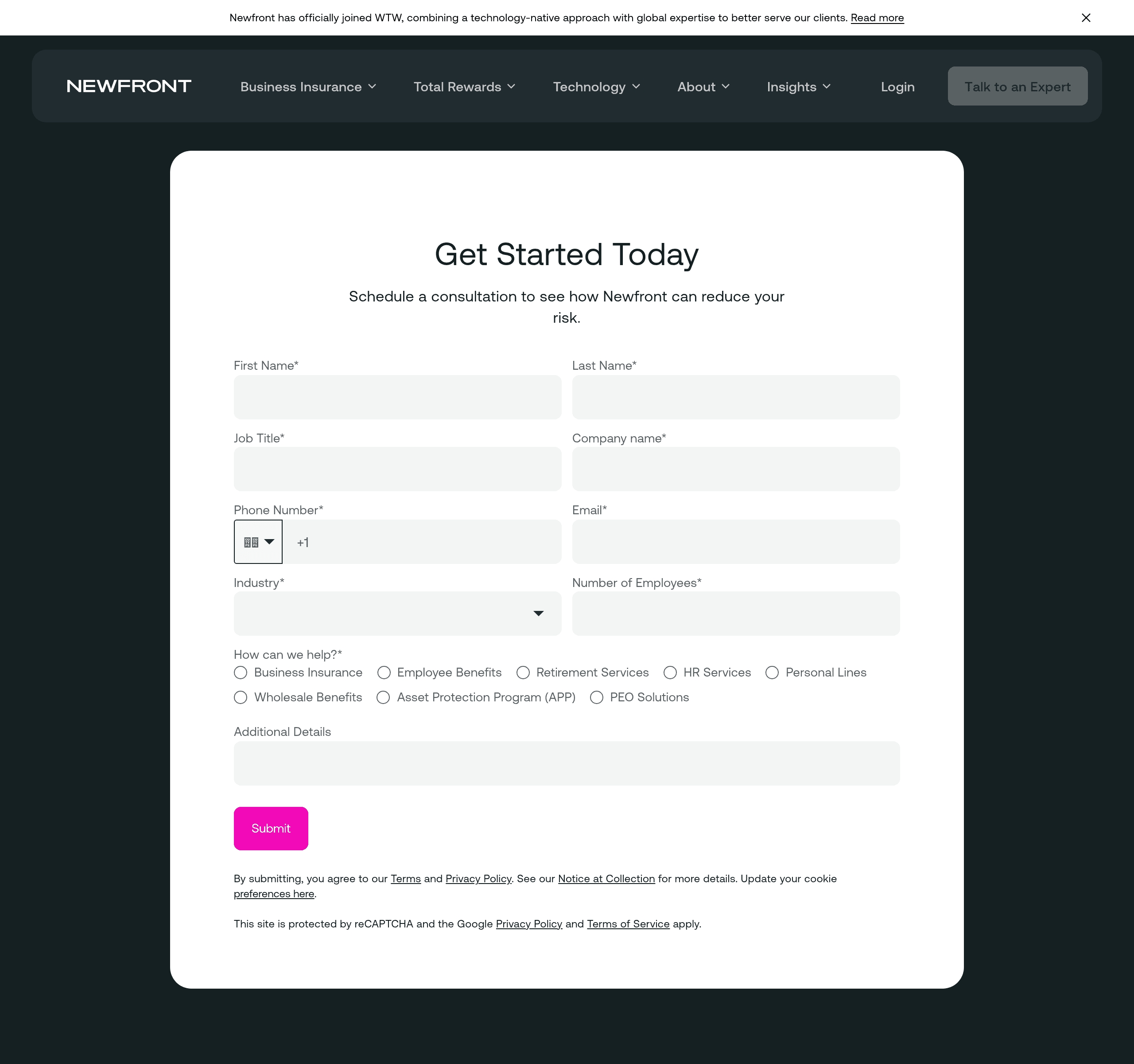 Newfront’s empty consultation form with company, industry, employee-count and service-selection fields, including Business Insurance and Asset Protection Program.