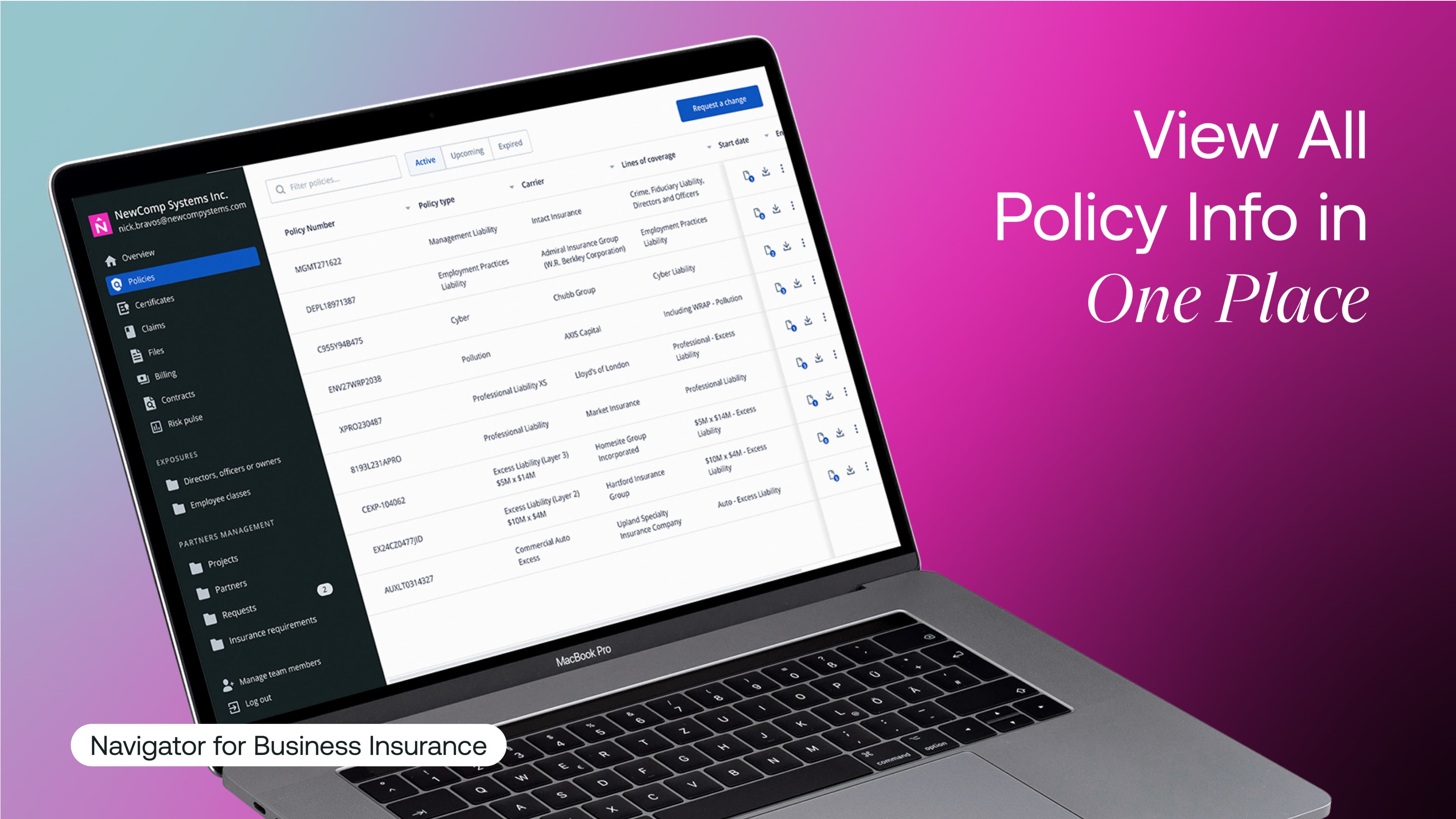 Newfront’s official Navigator demonstration showing a policy list with carrier names, coverage lines, policy periods and a Request a Change control.