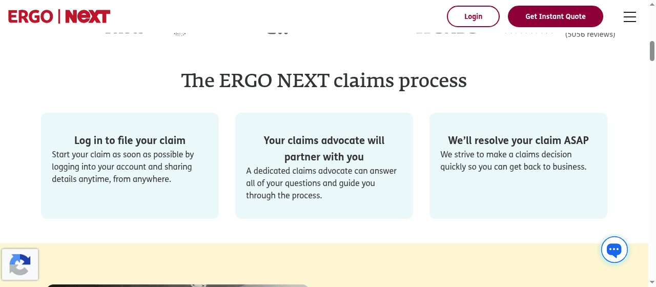 ERGO NEXT’s public claims-process section describing online reporting, a dedicated claims advocate and claim resolution.