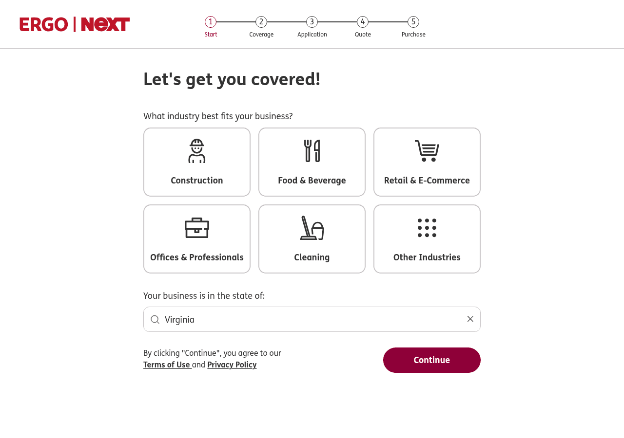 ERGO NEXT’s unsubmitted quote-start screen showing industry choices, a state field and the five stages from Start through Purchase.