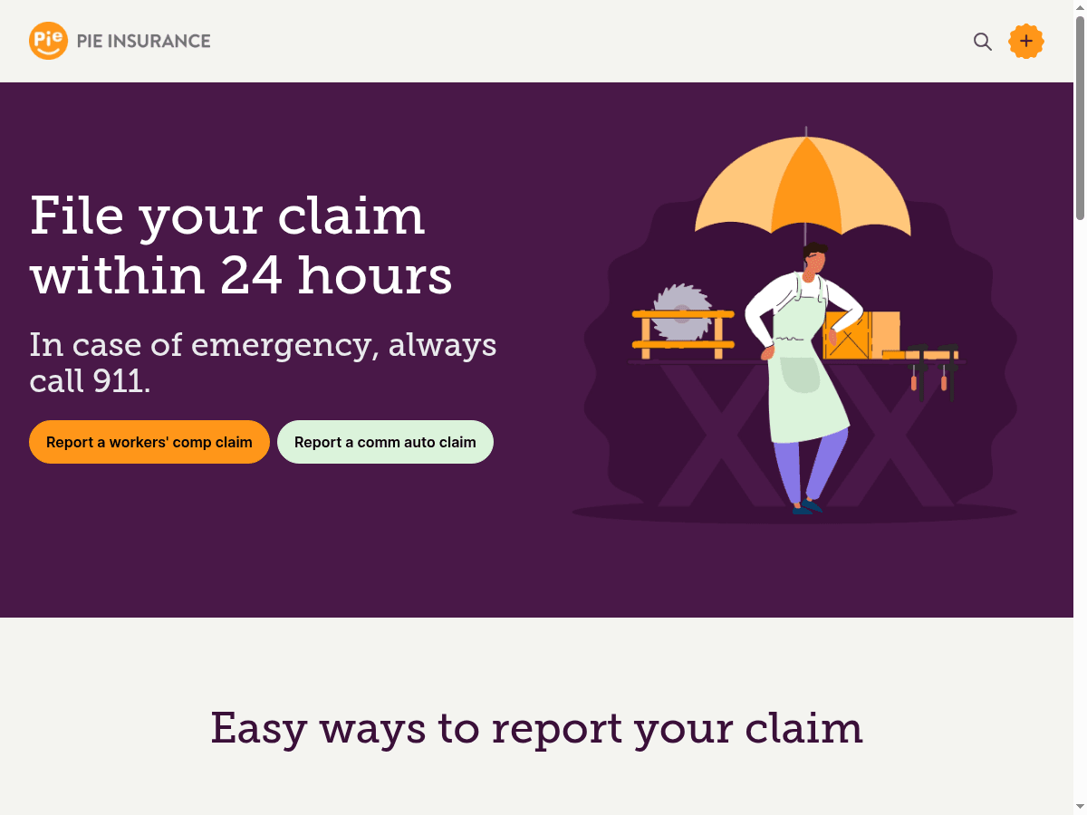 Pie Insurance’s public claims page showing its 24-hour reporting message and workers’ compensation claim button, alongside a legacy commercial-auto claim option.