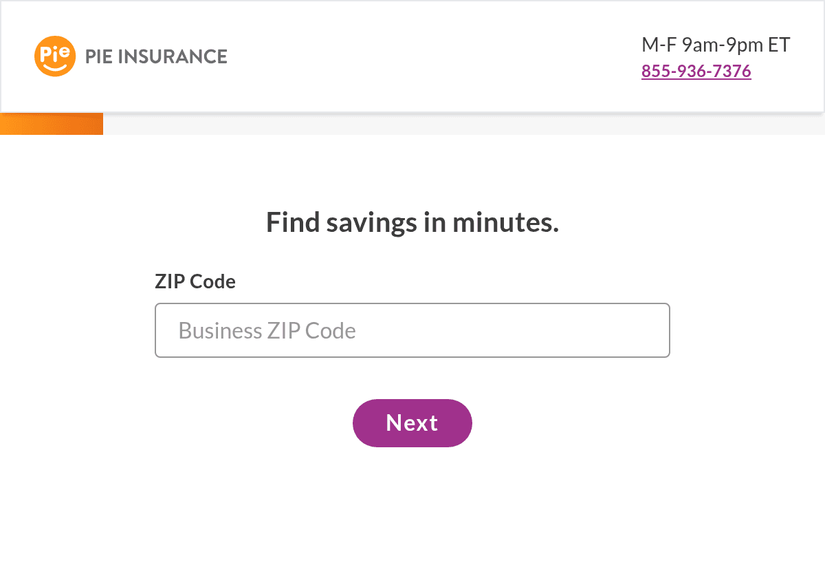 Pie Insurance’s live quote start page with an empty Business ZIP Code field and a Next button.