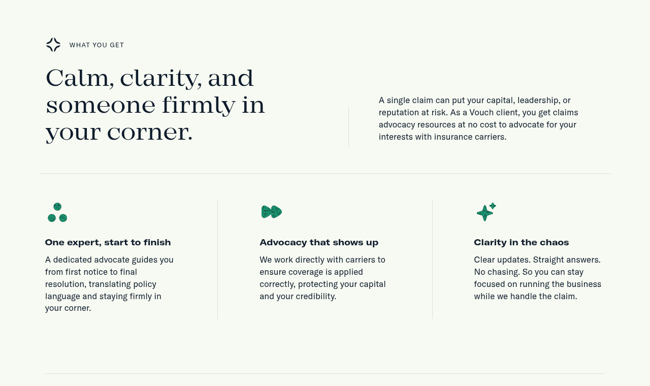 Vouch’s claims advocacy service page describing a dedicated advocate, communication with carriers and updates for clients.