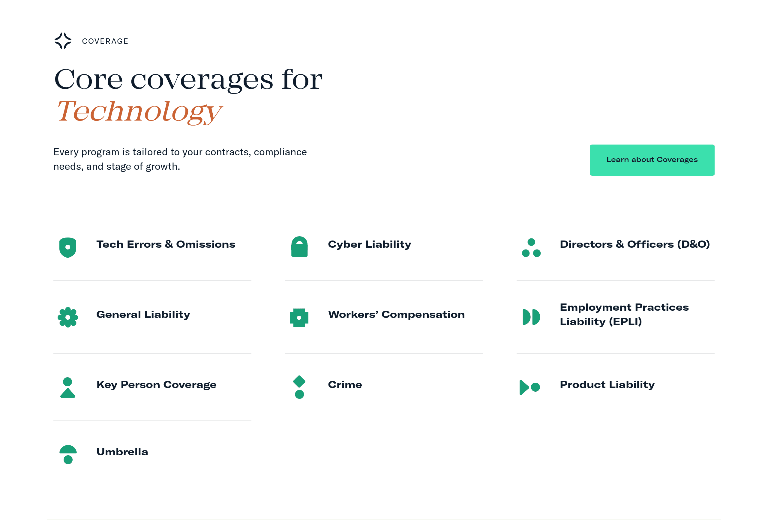 Vouch’s technology coverage section listing technology errors and omissions, cyber, directors and officers, general liability and other coverage options.