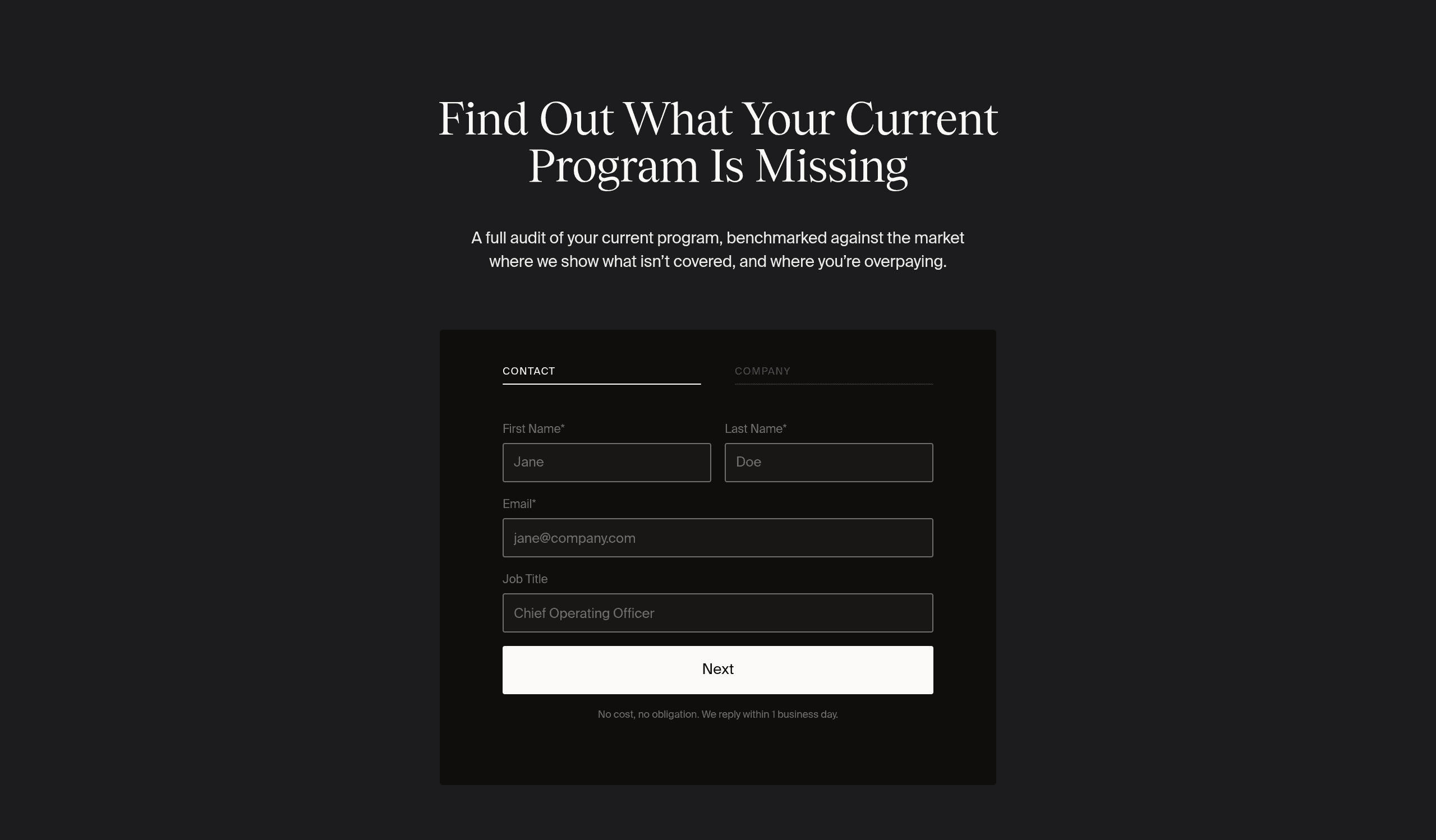 WithCoverage’s policy-review introduction and complete empty contact form, with name, email and job-title fields and a Next button.