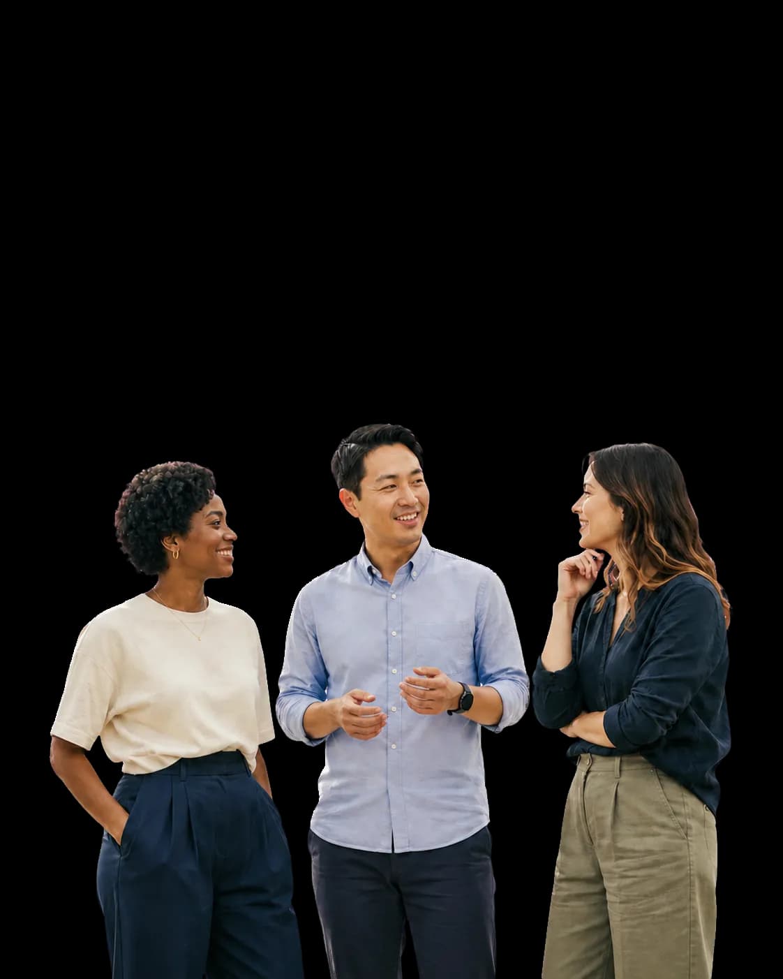 Three startup leaders talking together.