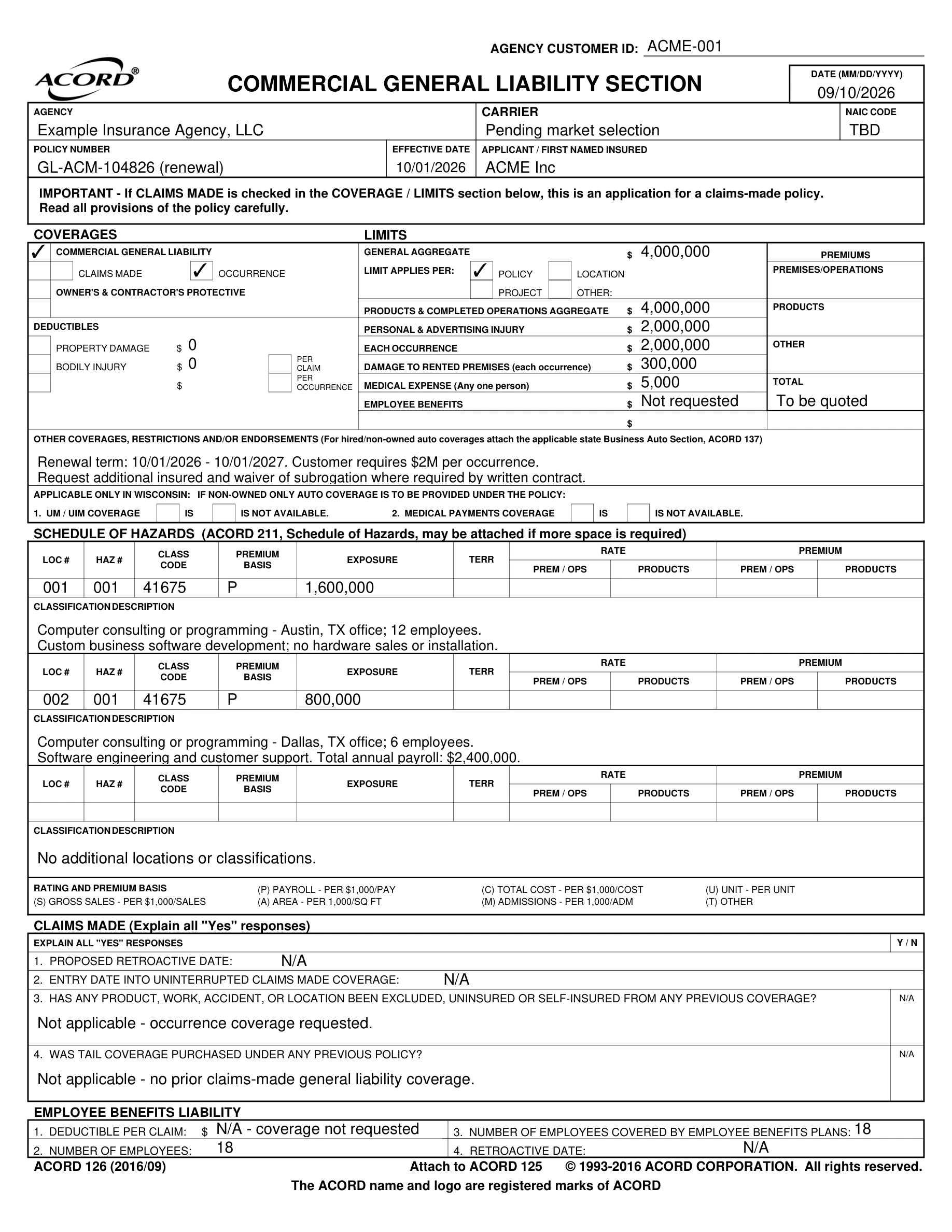 ACME Inc’s completed example ACORD 126 general liability application, requesting $2 million per occurrence and a $4 million aggregate from October 1, 2026. Includes agency details, coverage selections, deductibles, and payroll exposures for two offices.