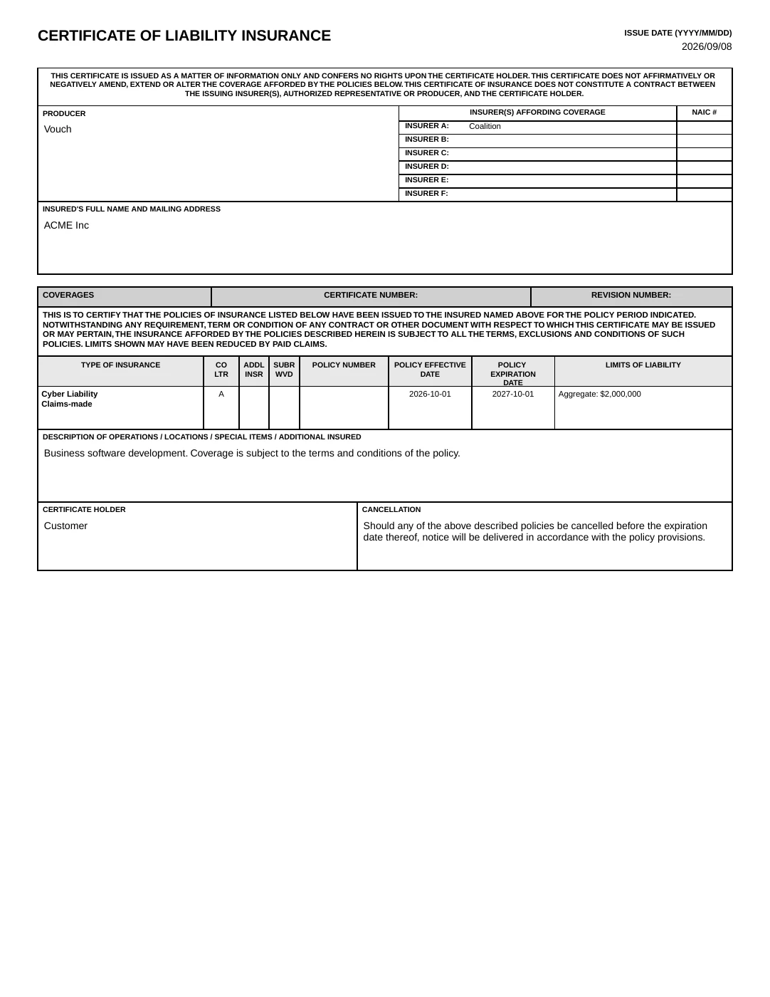 Certificate of liability insurance for ACME Inc, showing $2 million in cyber coverage.
